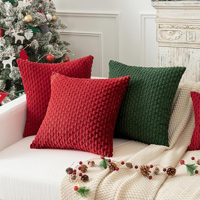 Kevin Textile Christmas Red Corduroy Decorative Throw Pillow Covers 16x16 Inch Pack of 2 Soft Boho Striped Pillow Covers Modern Farmhouse Home Decor for Sofa Living Room Couch Bed