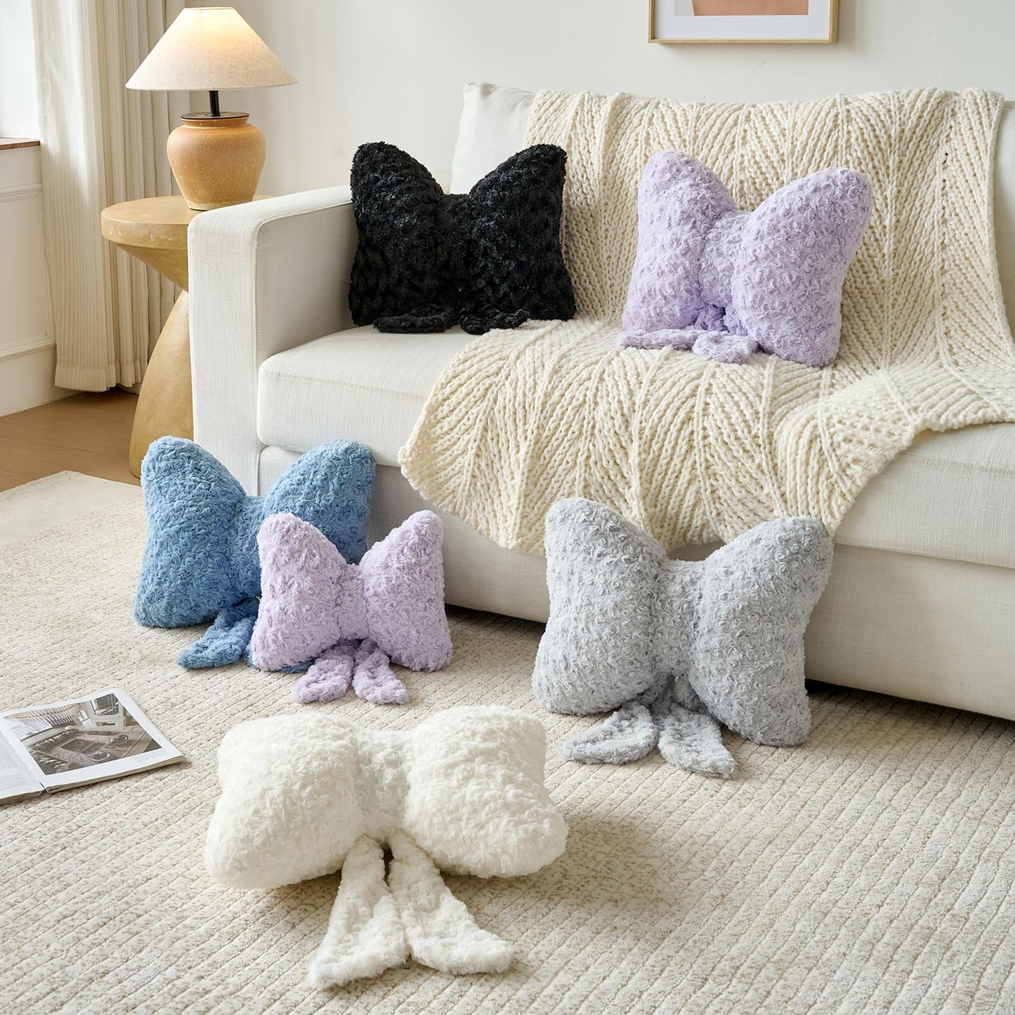 Ddliury Bow Pillow, Decorative Bow Pillows with Soft Plush for Couch Bed, Bow Shaped Throw Pillow Room Decor for Bedroom, Bow Decorative Pillow for Living Room (Black, Large-16 Inches)
