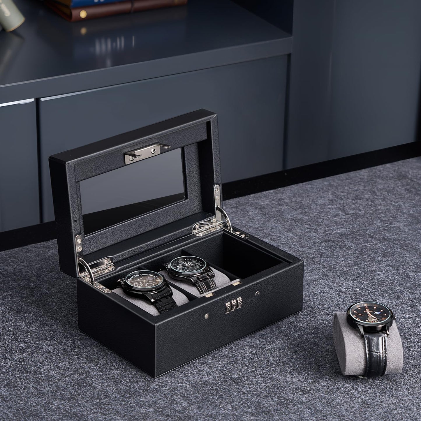 ProCase Lockable Watch Case, 3-Slot Display Storage Box with Glass Lid, Scratch-Free Velvet Lining & Combination Lock, Secure Watch Organizer for Men, Home, Office or Store Display - Black
