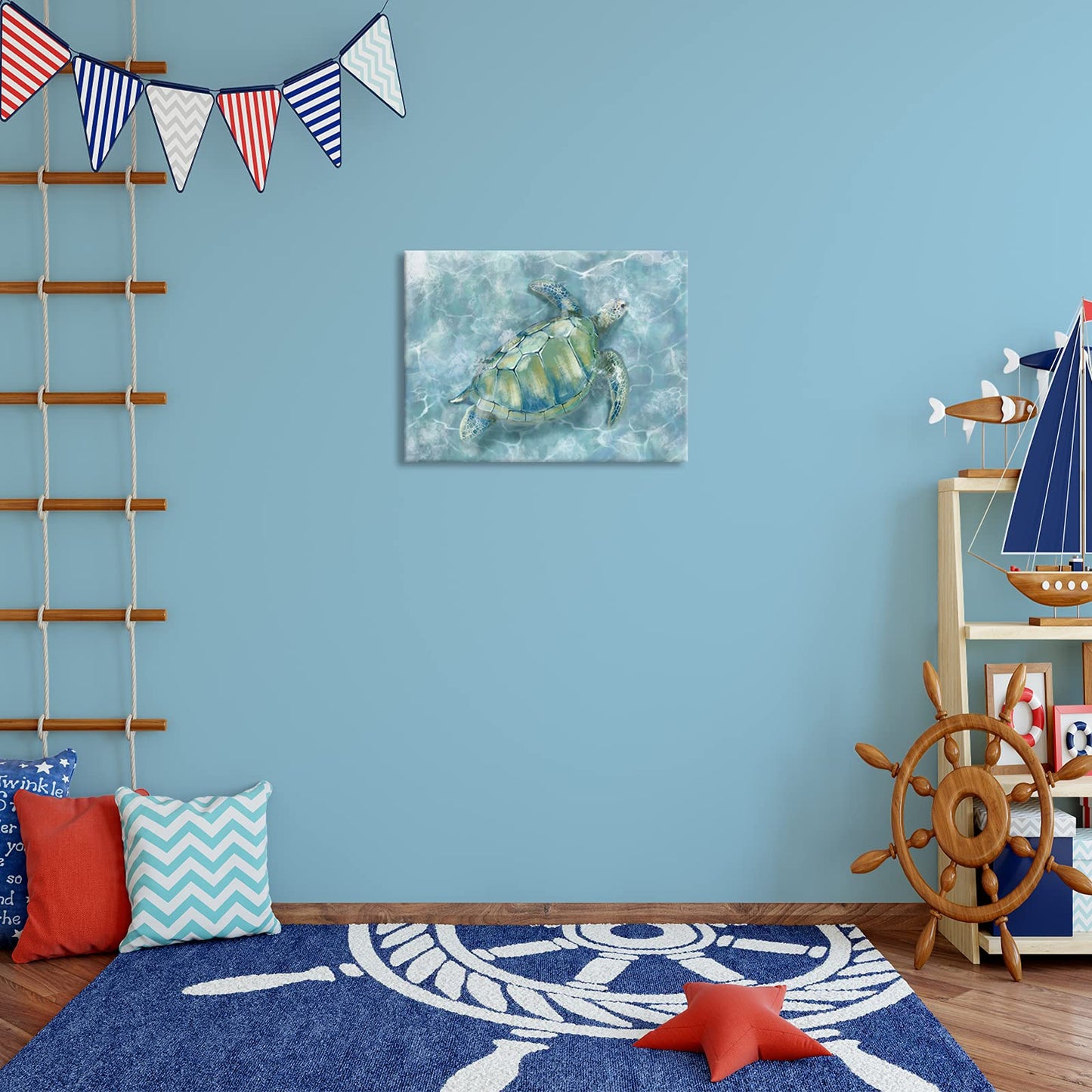 YJYart Bathroom Wall Decor Canvas Wall Art for Bedroom Sea Turtle Pictures Blue Coastal Room Decorations Artwork Green Turtle Wall Decorations 16” x 24”