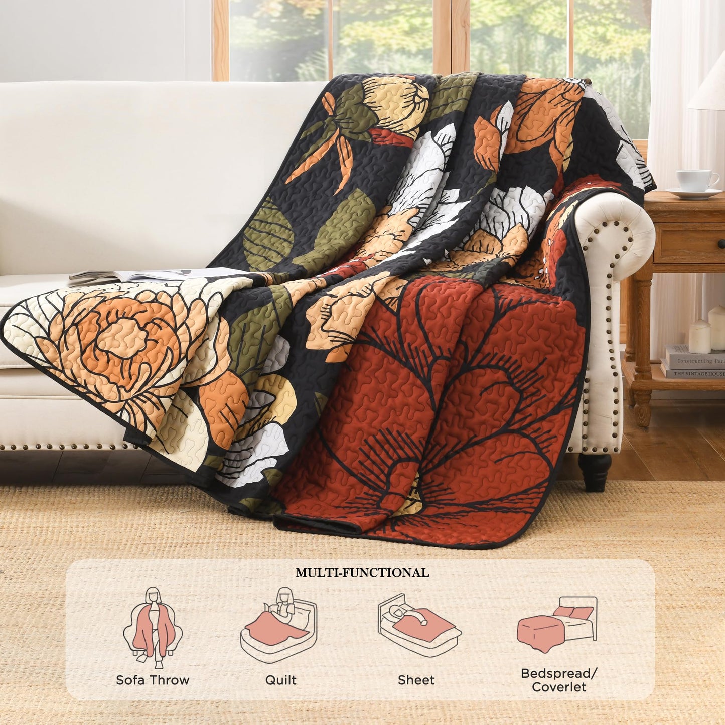 Andency Floral Boho Quilt King Size Bedding Set Black, 3 Pieces Farmhouse Flower Botanical Summer Bedspreads with 2 Shams, Soft Reversible Lightweight Polyester Coverlet Set for All Season, 106"x96"