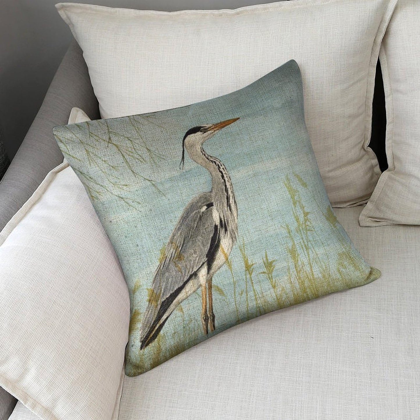 Icotoibabie Summer Gray Heron Throw Pillow Cover 18×18 Inch Linen Coastal Pillowcase, for Sofa Car Beach Bedroom Cushion Cover
