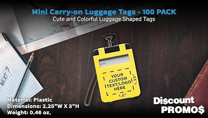 100 Mini Carry-on Luggage Tags Pack - Customizable Text, Logo - Flip Open Cover, ID Sticker - Yellow