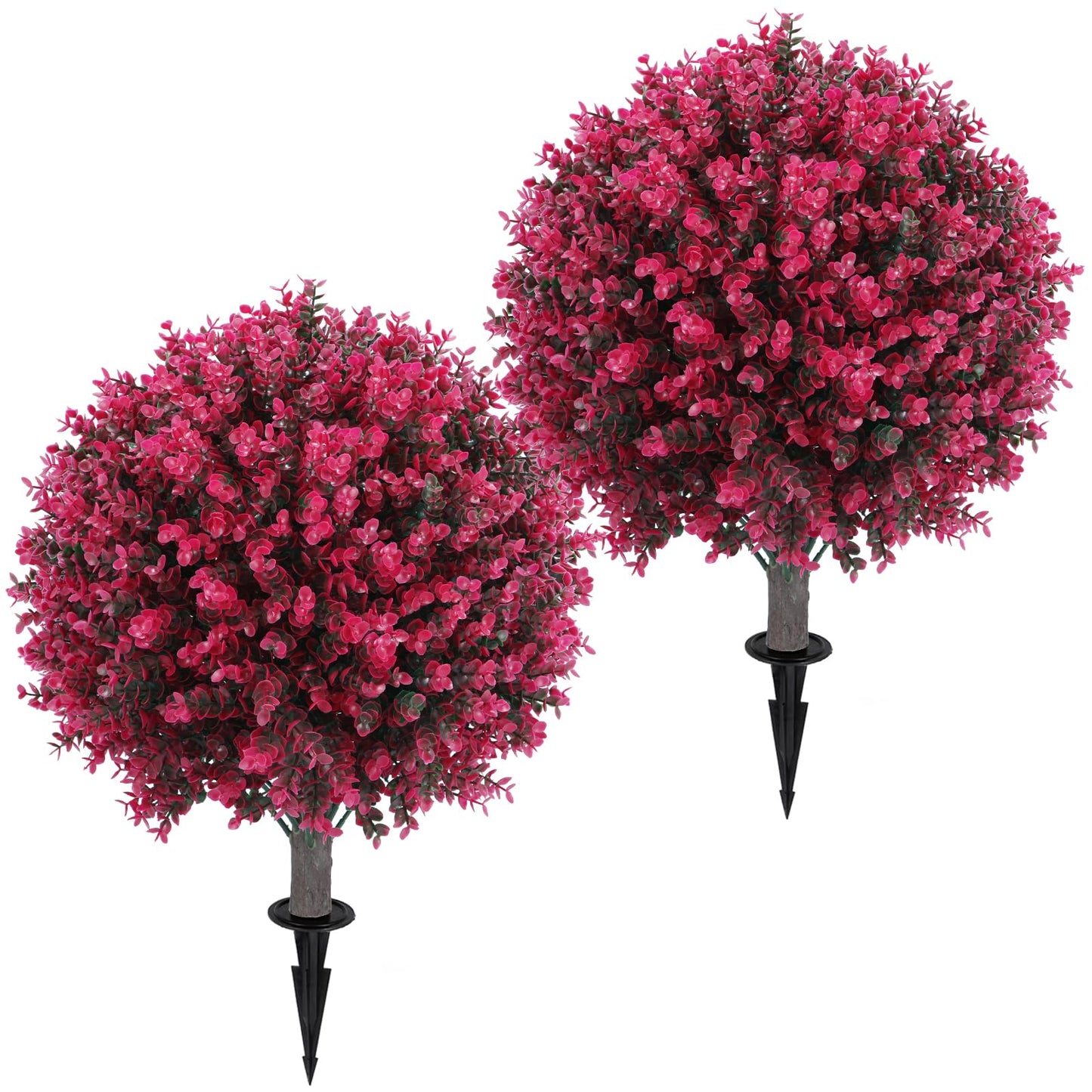 Artificial Red Eucalyptus Topiary Ball Tree 24" with Ground Spike, Set of 2 Artificial Boxwood Bushes for Faux Shrubs, Fake Evergreen Faux Plant for Indoor Outdoor Garden -UV Resistant–Fade-Proof