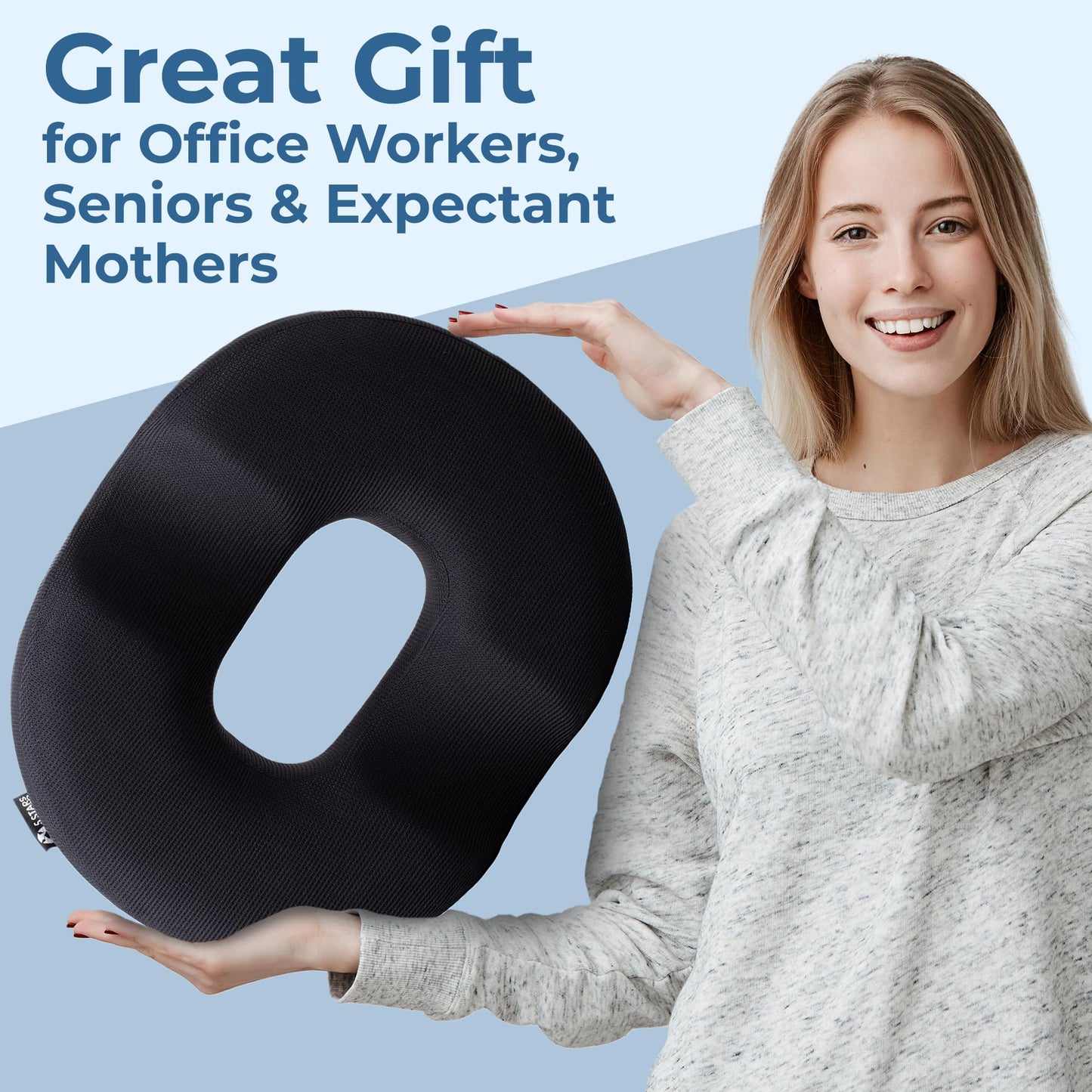 5 STARS UNITED Donut Pillow for Tailbone Pain & Hemorrhoids – Large Memory Foam Seat Cushion with Cooling Gel Layer for Bed Sore-Prone Areas & Pressure Relief – Black Mesh Cover
