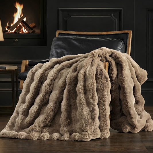 EverGrace Ultra Soft Luxury Fluffy Faux Rabbit Fur Throw Blanket, Thick Warm Bubble Throw for Bed, Cozy Plush Reversible Blankets for Couch, Chair, Sofa, Greige, 60x80 Inches
