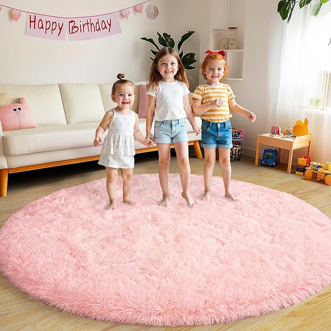 Round Fluffy Rugs 5Ft for Girls Bedroom, Pink Shag Circle Kids Rug Non-Slip for Bedside Dorm Nursery Playroom, Soft Cute Area Rugs for Living Room Decor