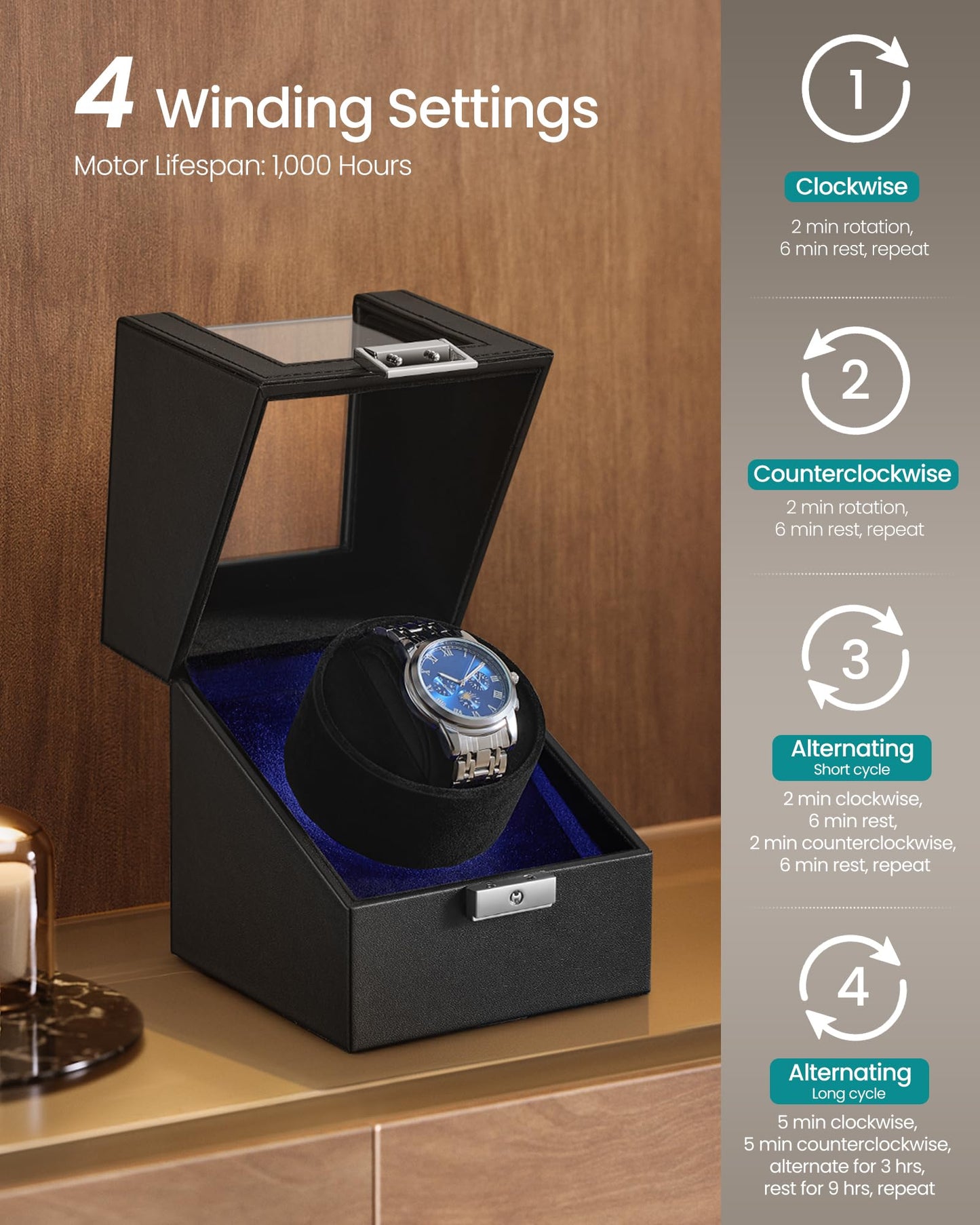 SONGMICS Automatic Single Watch Winder Box with Quiet Motor, for Automatic Watches, with LED Light, Adjustable Pillow, Lock, 4 Winding Settings, Fathers Day Gift for Dad, Black UJWB030B01