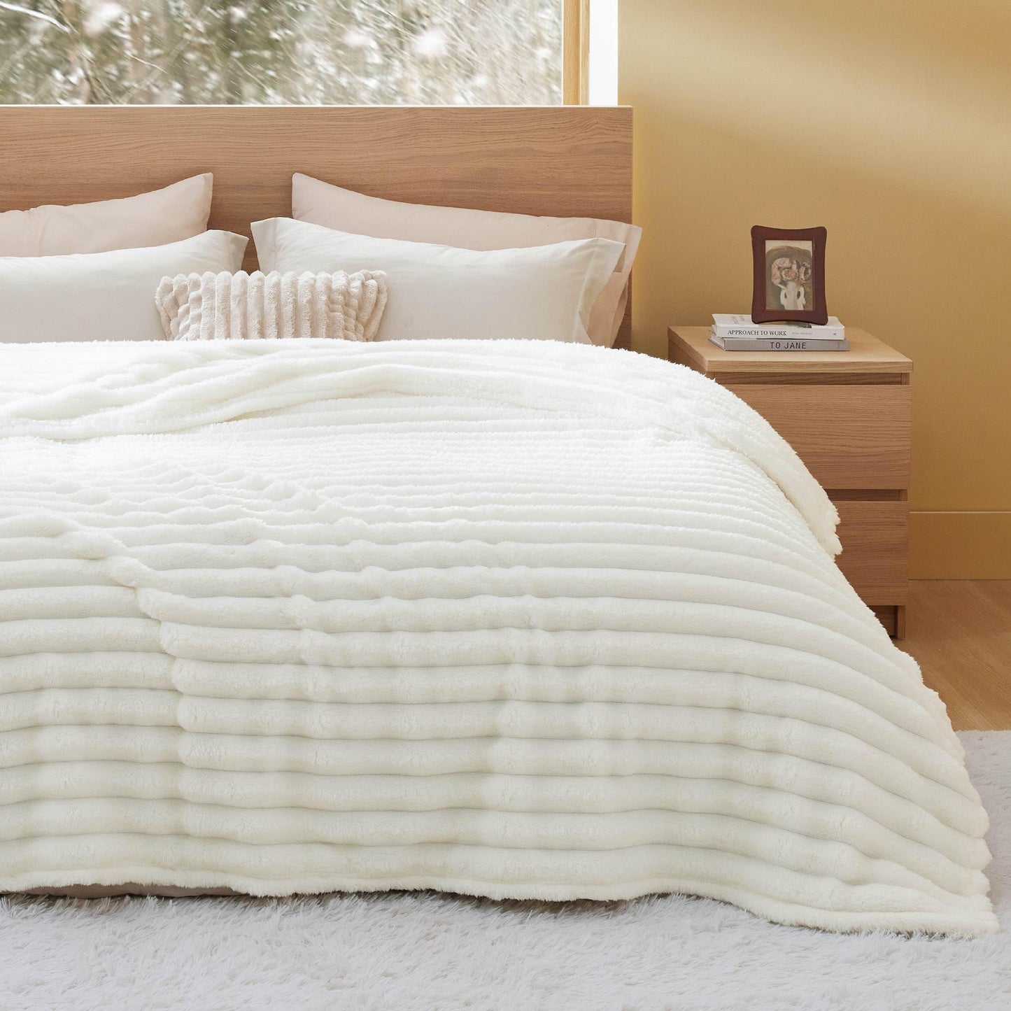 Bedsure Blankets Queen Size for Bed - 350GSM Super GentleSoft Fuzzy Fluffy Cozy Blankets for Women, Cute Large Plush Fleece Throws for Girls, White，90x90 Inches, Wider Striped Design