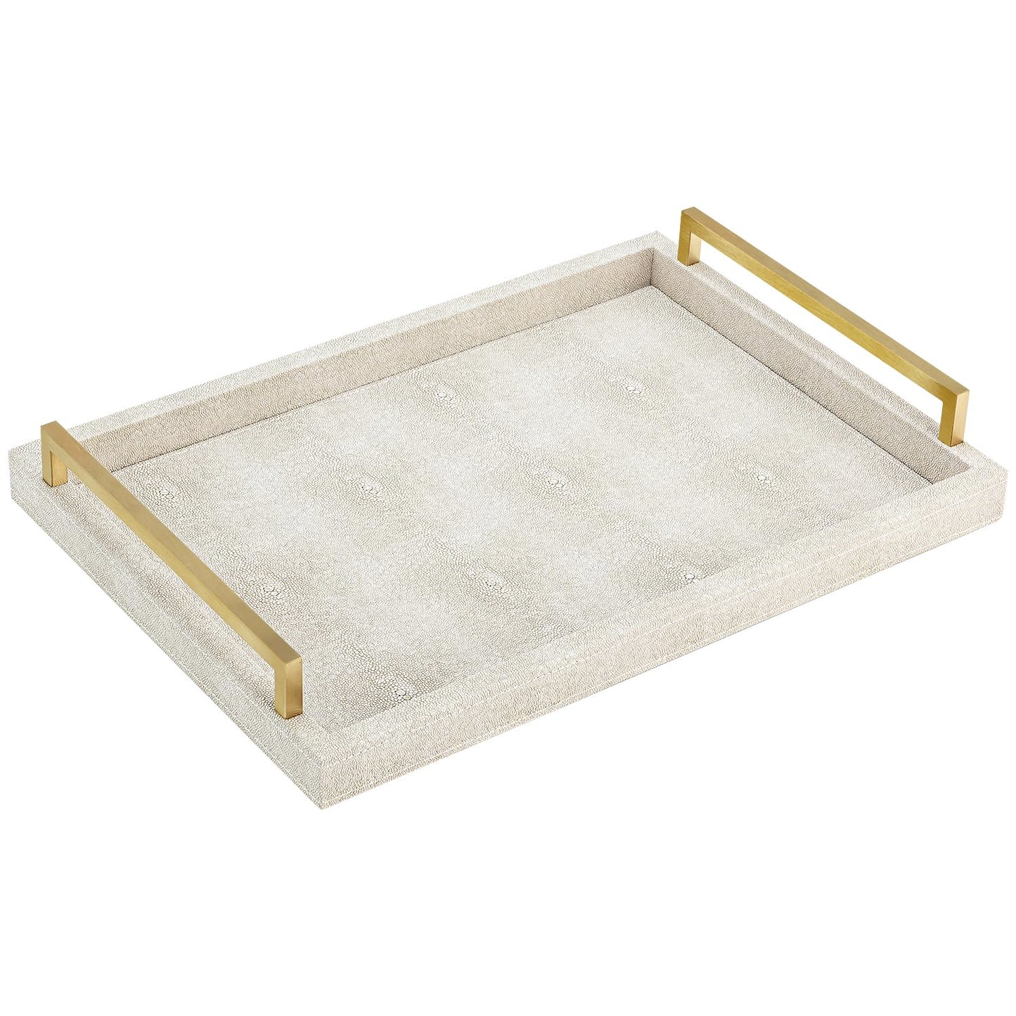XIGEXIGE Ivory Shagreen Decorative Tray Large Rectangle Coffee Table Tray for Ottoman Faux Leather Serving Tray with Brushed Gold Handles