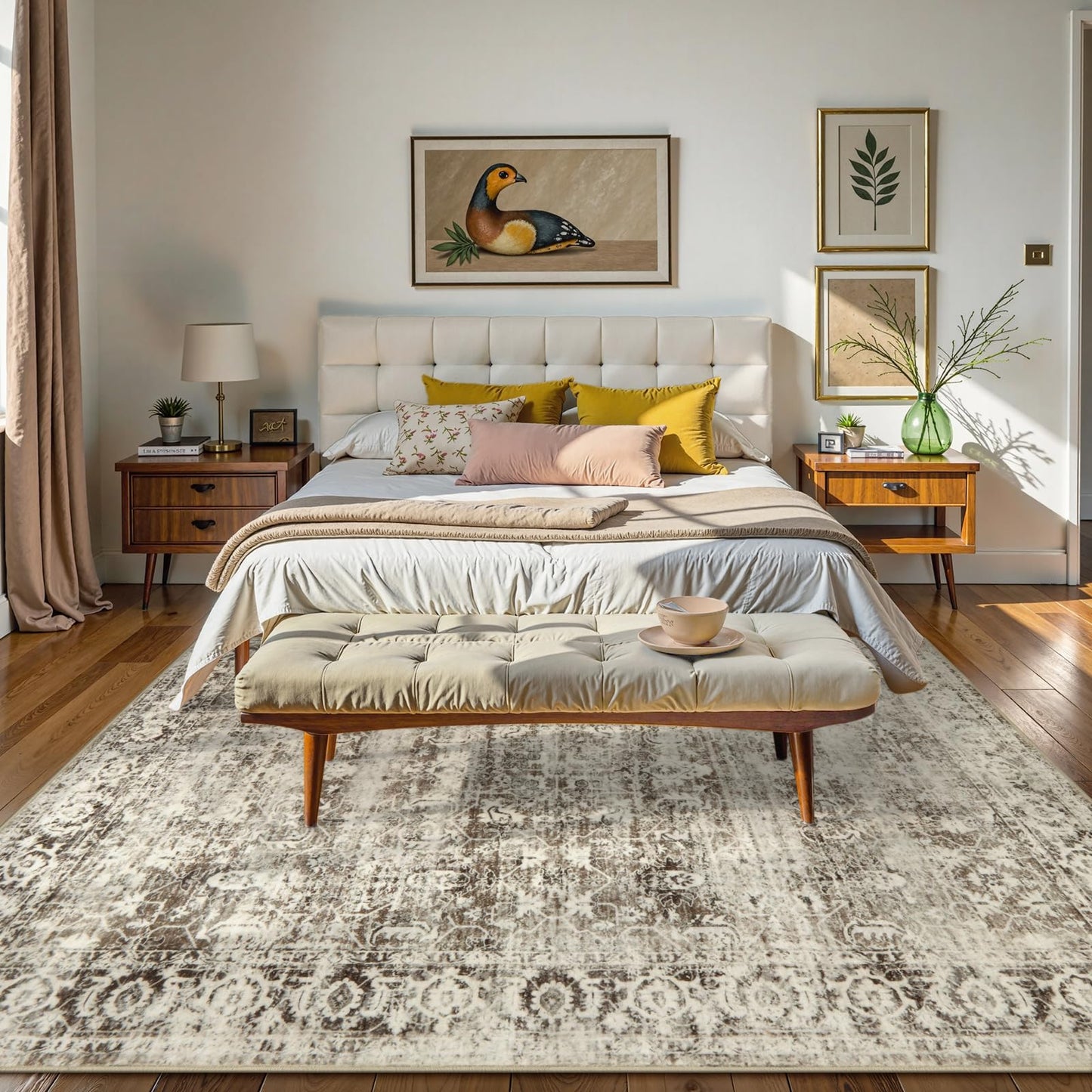 Lahome Margot Washable Rugs 5x7 Boho Living Room Area Rug,Soft Throw Bedroom Area Rug,Retro Distressed Non-Slip Low-Pile Accent Rug Indoor Carpet for Entryway Office Home Decor(5 x 7,Beige)