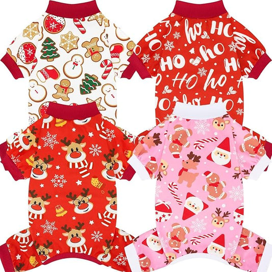XPUDAC 4 Pack Christmas Dog Pajamas Comfy Dog Clothes for Small Medium Dogs Girl Boy Holiday Pet Outfit Puppy Onesie Cat Pjs Jammies, L