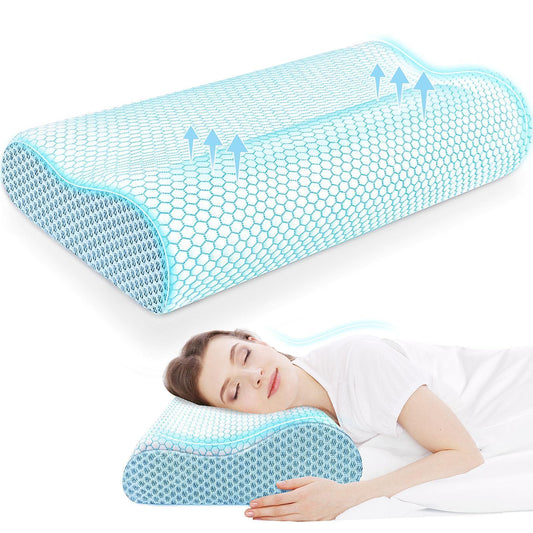 CloudBliss Neck Pillow for Sleeping, Ergonomic Cervical Neck Pillow for Neck Pain Relief, Memory Foam Pillow fit Neck Contour, Bed Pillow for Side Back Stomach Sleepers (Blue, Standard Size)