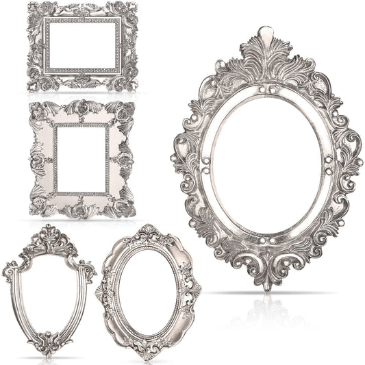 Yalikop 5 Pcs 4.9 x 4 Small Vintage Silver Frames for Craft DIY Decoration, Mini Ornate Resin Photo Frames Bulk for Refrigerator Wedding Christmas Jewelry Display Photo Holiday Party Invitation