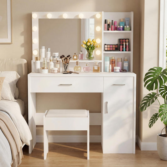 ALAULM Makeup Vanity with Storage Stool, Vanity Desk with Furniture Shelves and 1 Cabinet, 3 Lighting Modes with Adjustable Brightness, Vanity with Backplane Cable Hole for Bedroom, White