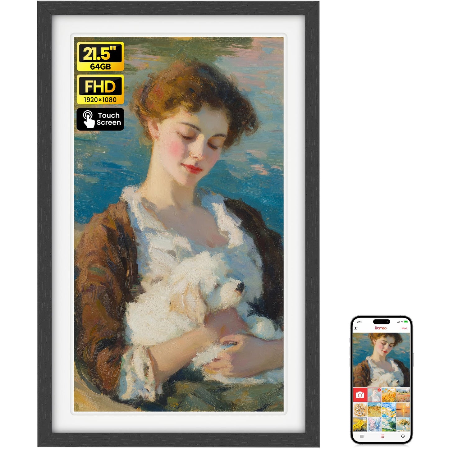 BIGASUO 21.5" Large Digital Picture Frame 64GB, Frameo Digital Photo Frames WiFi with 1920x1080 FHD IPS Touch Screen, Share Photos/Videos Via Frameo App/USB/SD, Photo Gifts for Parent and Grandparent