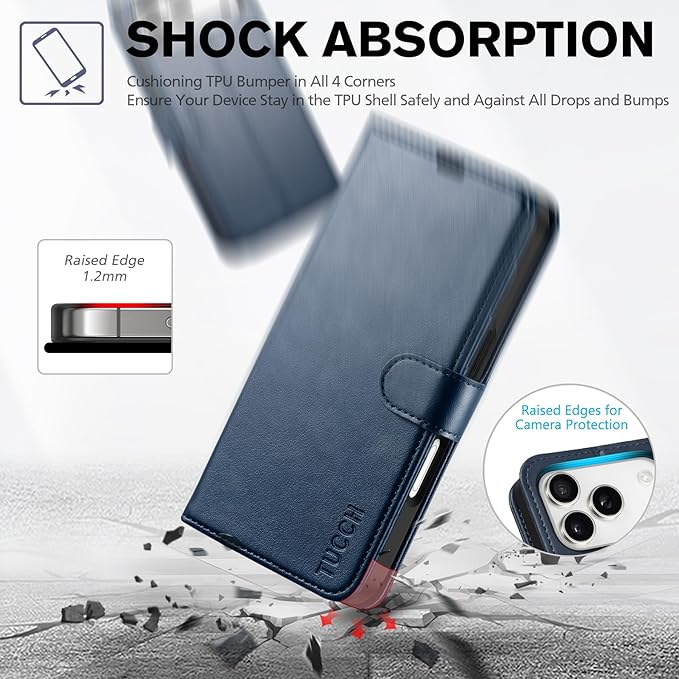 TUCCH Case Wallet for iPhone 17 Pro (6.3") 2025, Stand, RFID Blocking, 4 Card Holder, TPU Shockproof Inner Shell, PU Leather, Magnetic Closure Folio Protective Cover, Dark Blue