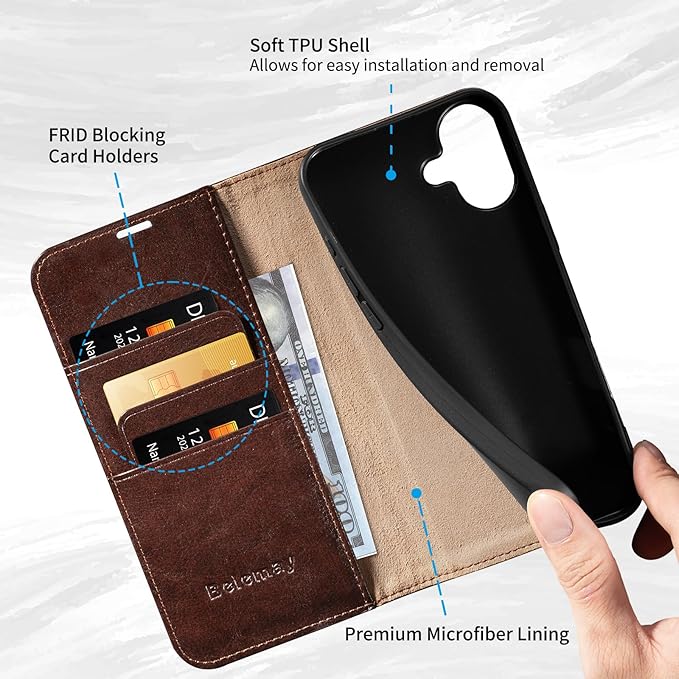 Belemay Leather Wallet Case Compatible with iPhone 17, Premium Cowhide Leather Two-Tone Effect, RFID Blocking Card Holders, Shockproof TPU Shell, Kickstand, Protective Flip Cover, 6.3", Brown