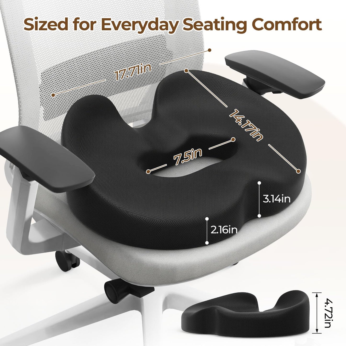 TushGuard Ergonomic Donut Pillow Seat Cushion with Raised Rear Support, Large Memory Foam Lifting Cushions for Tailbone, Hemorrhoids & Sciatica Relief, Office Chair, Car, Travel, Postpartum, Black