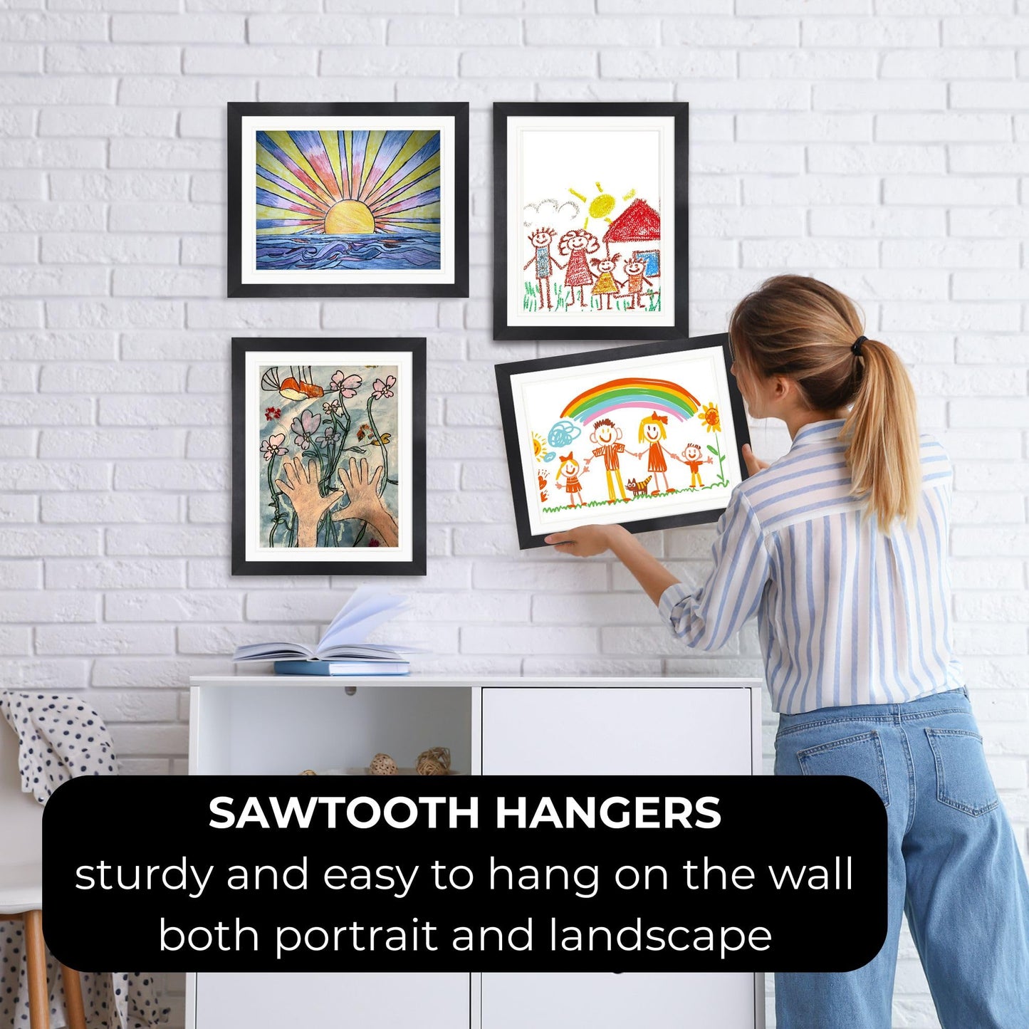2-Pack Kids Artwork Frames Changeable 10x12.5 with Easel Stand, Hangers, Backboard, Shatterproof Plexiglass | 2 Mats Fit 9x12, 8.5x11, A4 Paper Sizes | Large and Easy-Access Kids Art Frame Display and Storage for up to 100 Sheets (Black)