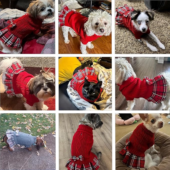 YUDODO Small Dog Sweater Dress with Bowtie Turtleneck - Knitted Pet Girl Dog Winter Clothes - Pet Warm Sweater for Puppy Yorkies, Chihuahua (L White)