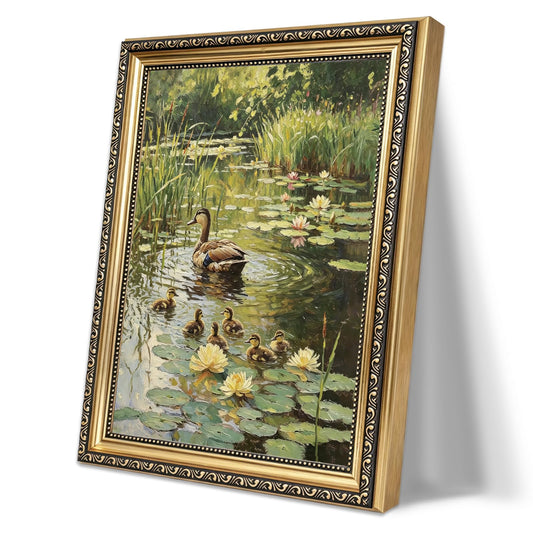 Vintage Country Cottage Duck Pond Framed Wall Art Cute Duckling Wildlife Canvas Print Impressionist Nature Landscape Oil Painting Rustic Farmhouse for Living Room Bedroom Kitchen Home Office Gallery Wall Decor Gift for Art Lovers Friends New Homeowners 9x