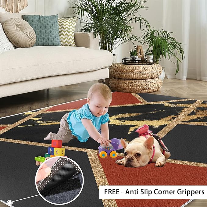 Black Gold Marble Area Rug Modern Abstract Marble Rug Polygonal Geometric Patchwork Carpet 3D Light Luxury Geometric Line Carpet for Living Room Playroom 6x8ft