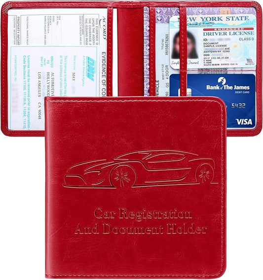 Registration and Insurance Card Holder, Vehicle Glove Box Car Organizer with Magnetic Closure, Interior Car Accessories for Documents, Cards, License Storage, 1-Pack Red