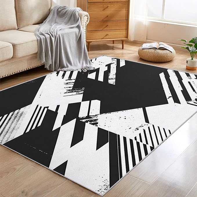 Black and White Rugs for Home Decor, 8x10 ft, Abstract Geometric Area Rugs for Living Room, Soft Non Slip Washable Modern Minimalist Carpet Bedroom Decorations Dt-Ghf-31