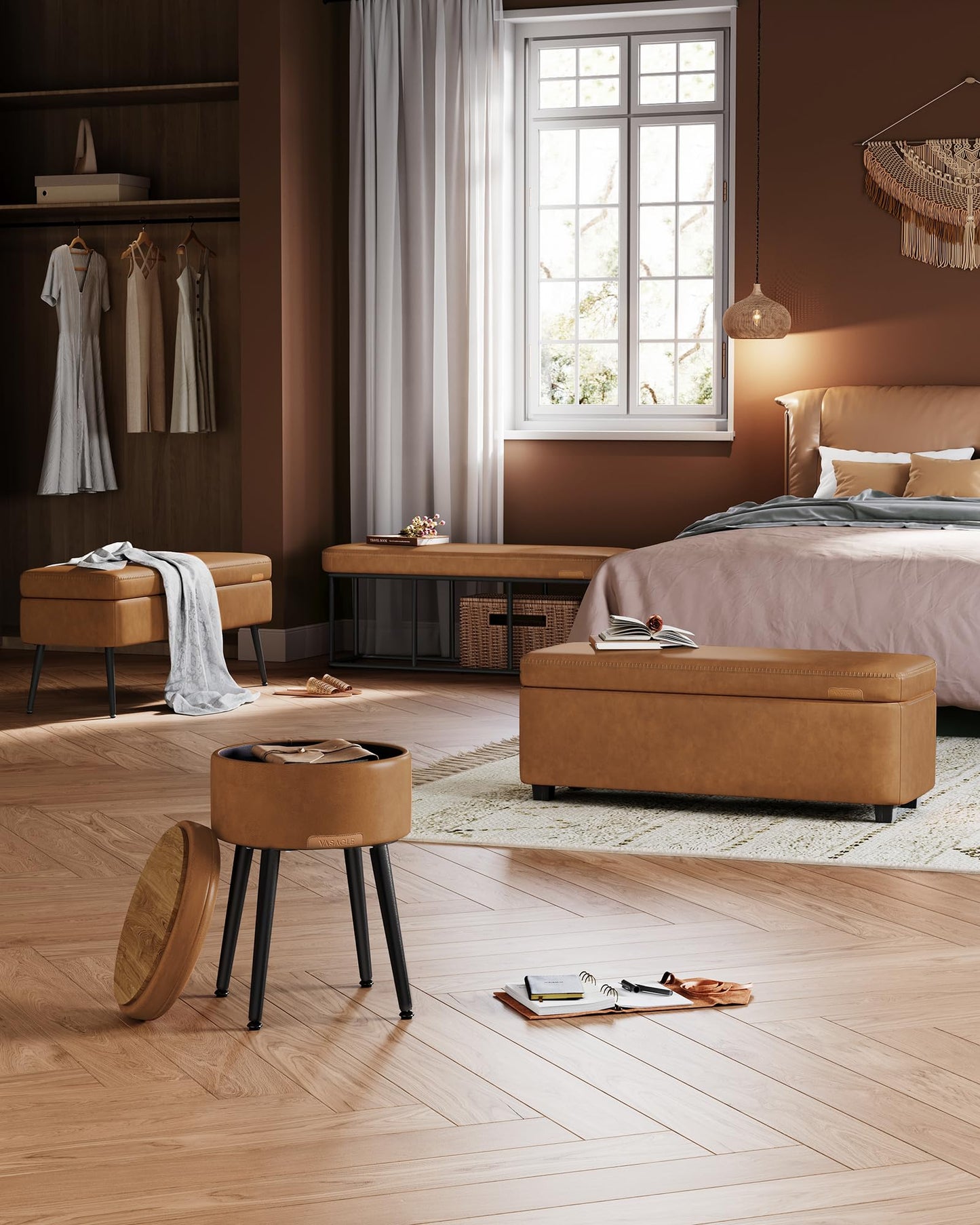 VASAGLE EKHO Collection - Storage Ottoman Bench, Entryway Bedroom Bench, 25 Gallons, Synthetic Leather with Stitching, Mid-Century Modern, Safety Hinges, Loads 660 lb, Caramel Brown ULOM075K01
