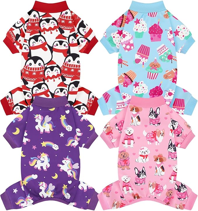 XPUDAC 4 Pack Dog Pajamas Cute Soft Dog Clothes for Small Medium Dogs Boy Girl Stretchy Pjs Jammies Outfit Puppy Onesies, Small