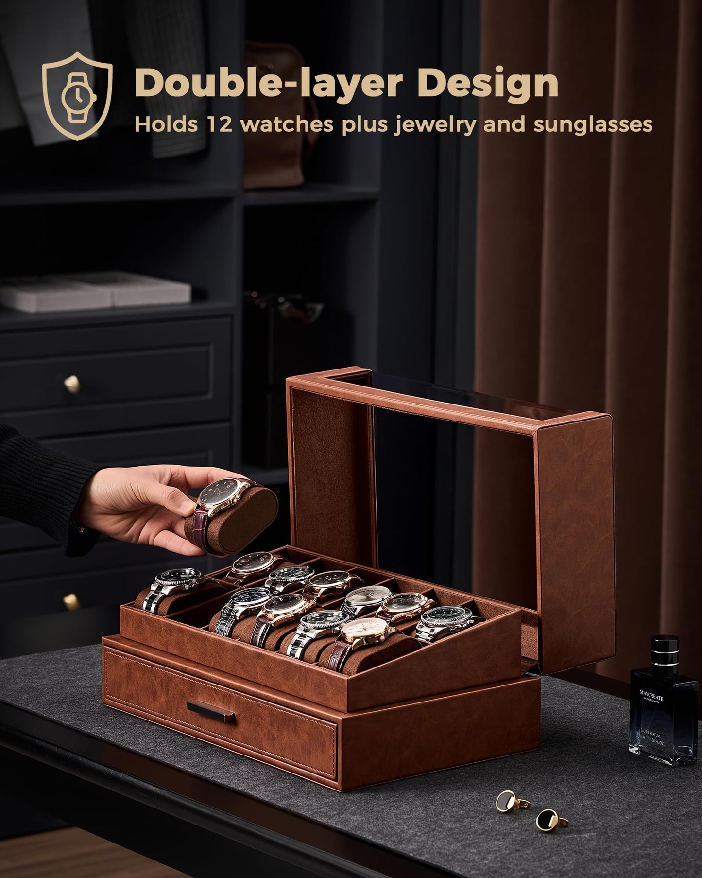 ProCase Watch Box for Men, 12 Slots Watch Display Holder with Clear Acrylic Top, Large Capacity PU Leather Case with Drawer Organizer, Jewelry Storage, Ideal Fathers Day Gift for Dad -Brown