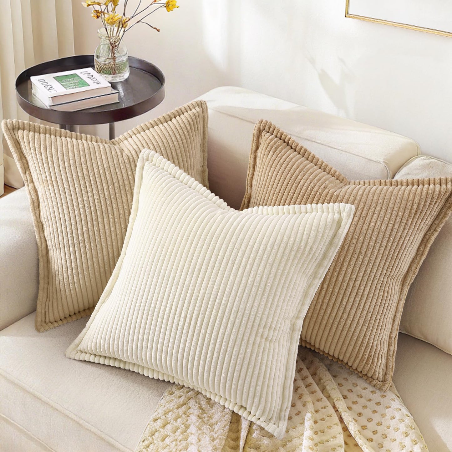 decorUhome Summer Corduroy Beige Euro Sham Throw Pillow Covers 24x24 Set of 2 Decorative Soft Boho Farmhouse Couch Pillow Covers for Living Room Bed Sofa Broadside Striped Pillow Cases