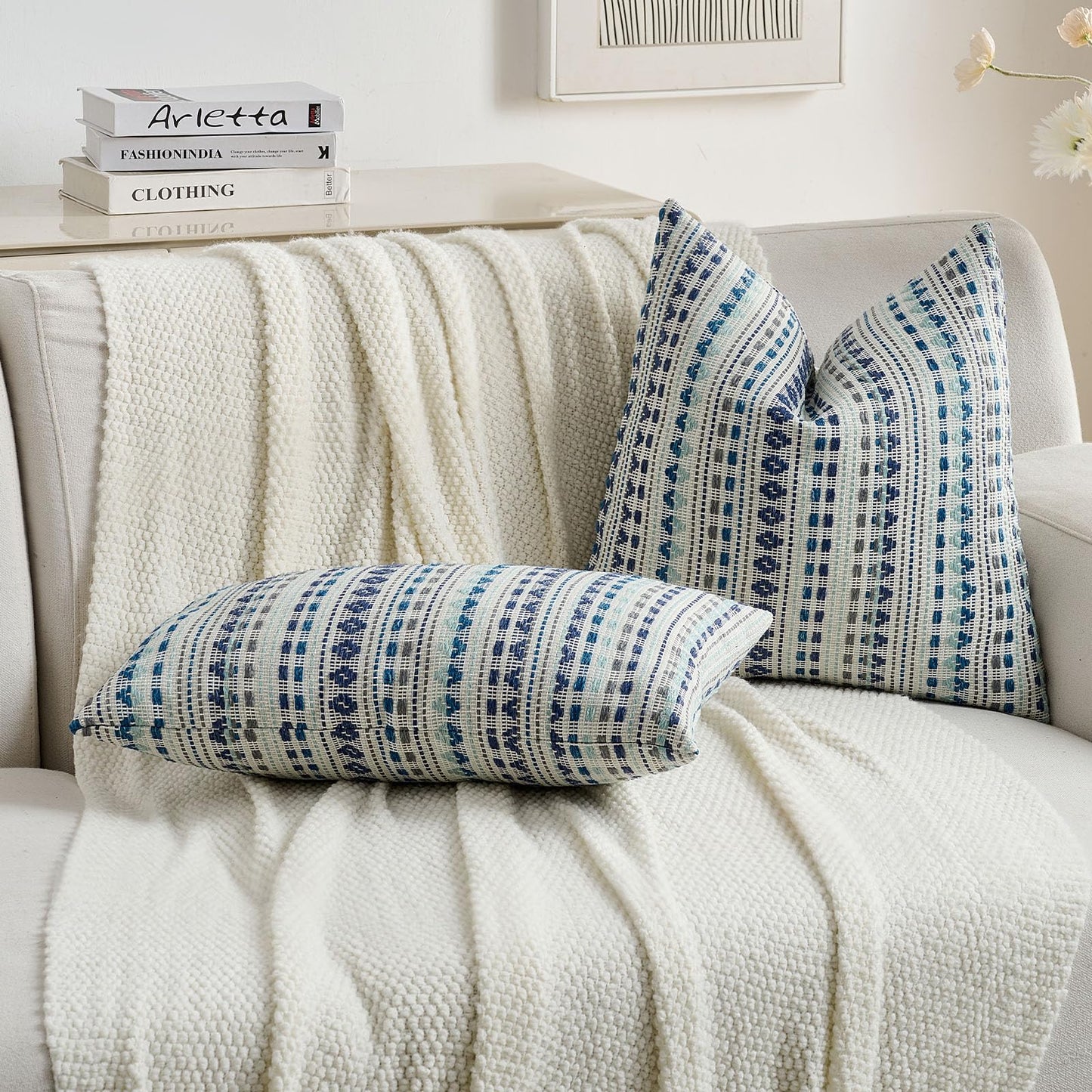 FUTEI Pack of 2 Chenille Jacquard Throw Pillow Covers 18x18 Inch Soft Cozy Woven Embroidery Coastal Decorative Cushion Case Boho Farmhouse Accent for Couch Bed Living Room, Blue Grey