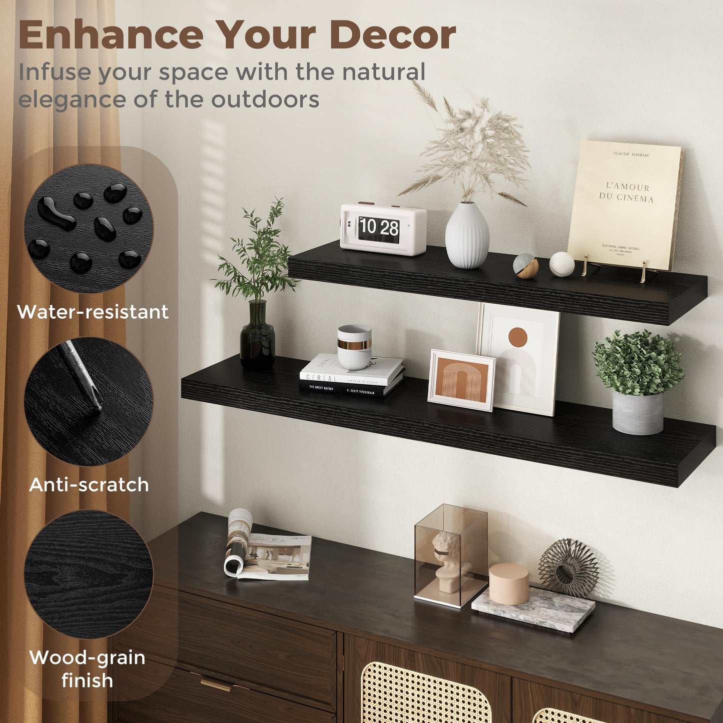 12 Inch Deep Floating Shelves for Wall, 24 x 12 Rustic Wood Grain Bathroom Shelves with Invisible Brackets, Easy Install Wood Storage Shelves for Kitchen, Living Room, Bedroom, Black, Set of 2
