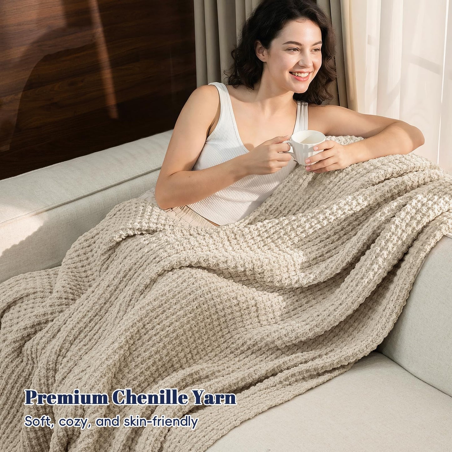 PHF Chenille Waffle Knit Throw Blanket- Plush Warm & Cozy 50" x 60" Ultra Soft Blanket- Chunky Fluffy Waffle Throws for Couch Bed Sofa - Natural