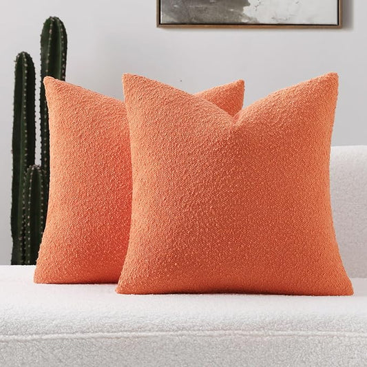 FUTEI Pack of 2 Orange Decorative Throw Pillow Covers 16x16 Inch Soft Cozy Solid Boucle Textured Cushion Case,Modern Home Decor for Couch Bed Living Room