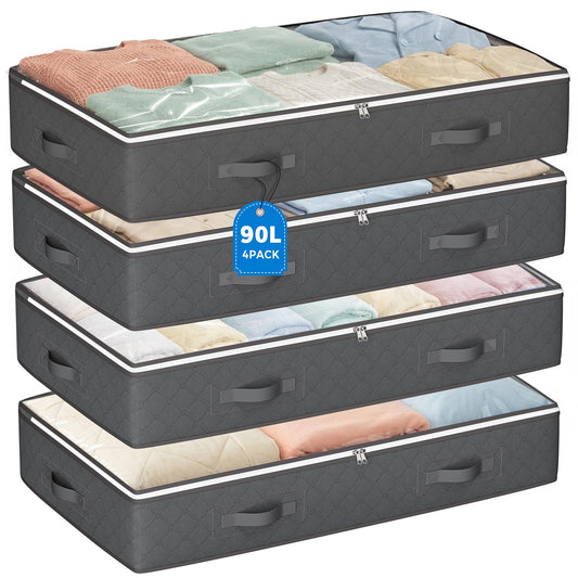 Budding Joy 90L Under Bed Storage Containers, Closet Organizers and Storage Bins, Foldable Underbed Storage Bags for Linen Sheets, Blanket, Clothing, Comforter, Sweaters, Pillows, Wrapping Paper, Grey