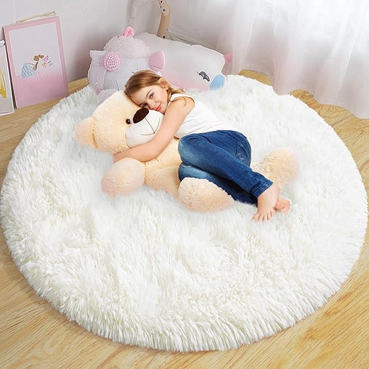 Round Fluffy Rugs 5Ft for Girls Bedroom, Cream White Shag Circle Kids Rug Non-Slip for Bedside Dorm Nursery Playroom, Soft Cute Area Rugs for Living Room Decor