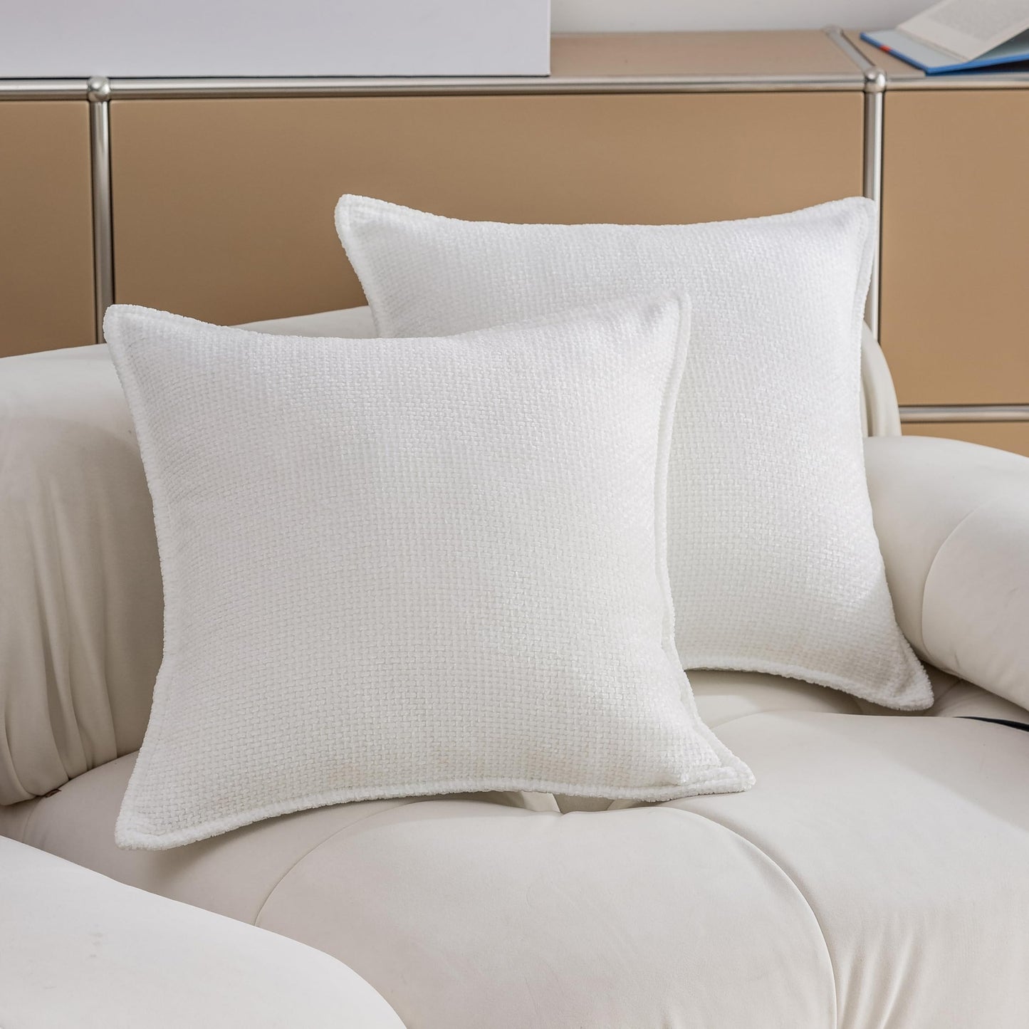 Home Brilliant White Euro Shams Set of 2 24x24 Throw Pillow Covers Chenille Decoration Striped Waffle Euro Throw Pillow Sham Couch Cushion Cover for Teen Girls, 24 x 24 inch, White
