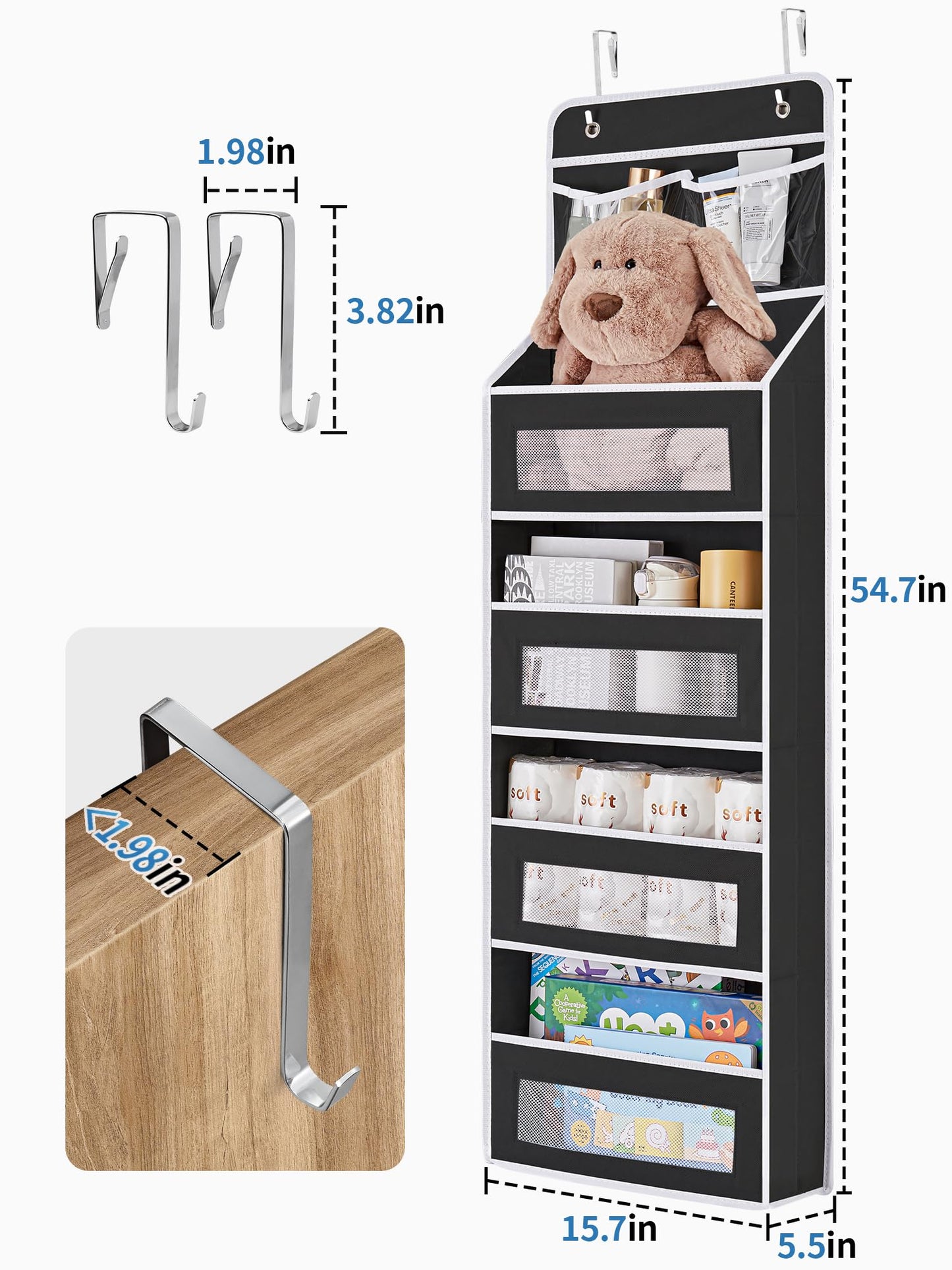 JARLINK 2 Pack 5-Shelf Over Door Organizer, Upgrade Hanging Storage with Clear Window, 50 lbs Load Storage Organizer for Bedroom, Bathroom, Nursery, Baby Kids Toys, Diapers, Pantry, Black