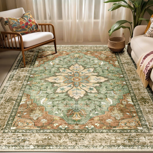 RELEANY Area Rugs 5'x7' Washable Non-Slip, Floral Vintage Distress Medallion Carpet for Living Room Bedroom Dining Room, Terracotta Burnt Orange Green
