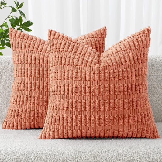 MIULEE Pack of 2 Corduroy Decorative Throw Pillow Covers 20x20 Inch Soft Boho Striped Pillow Covers Modern Farmhouse Home Decor for Summer Sofa Living Room Couch Bed Coral