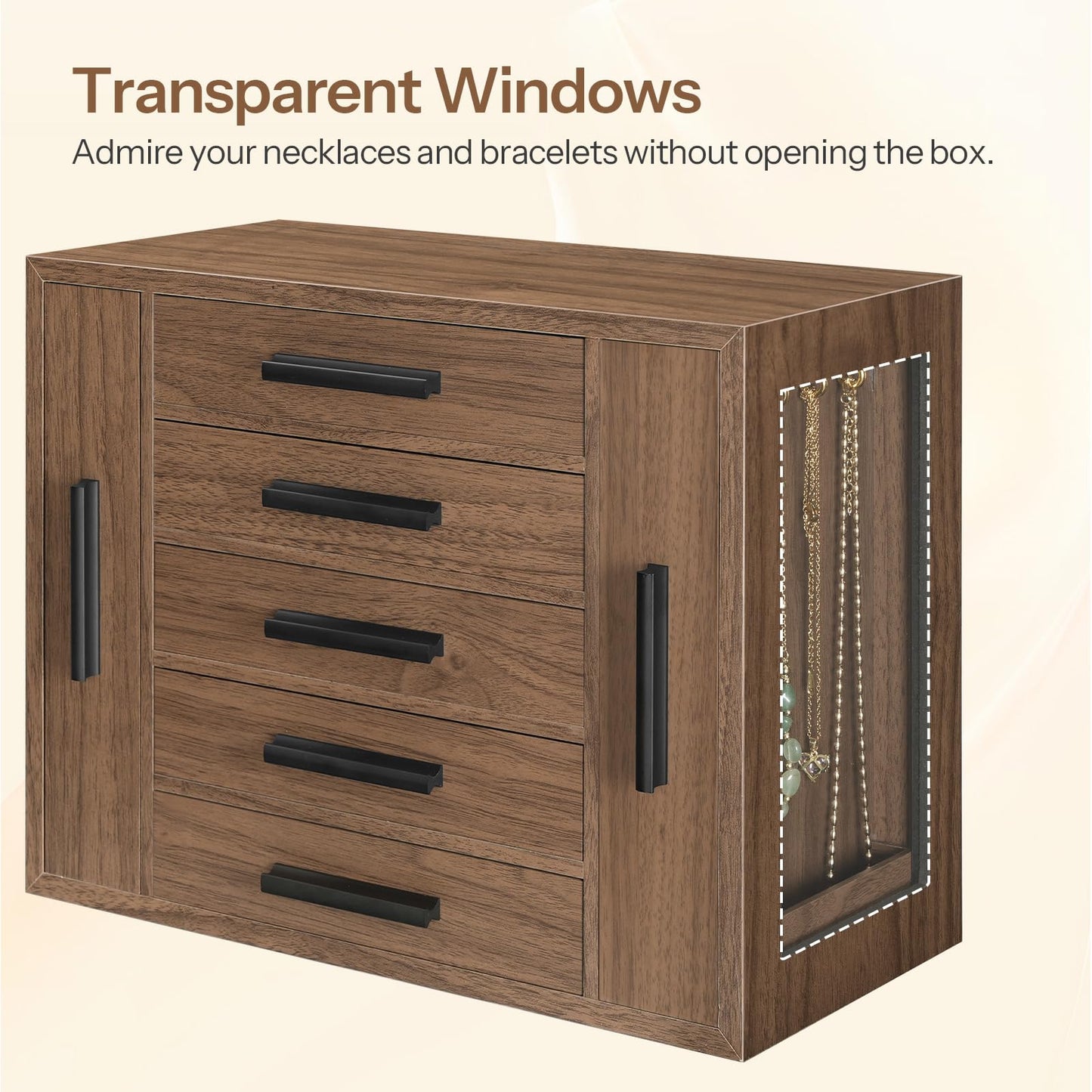 HOOBRO 5-Tier Jewelry Box, Wooden Jewelry Organizer with Transparent Windows, Jewelry Storage Box with 2 Vertical Drawers, for Earring, Necklace, Bracelet, Ring, Watch, Walnut and Black BH19JB04