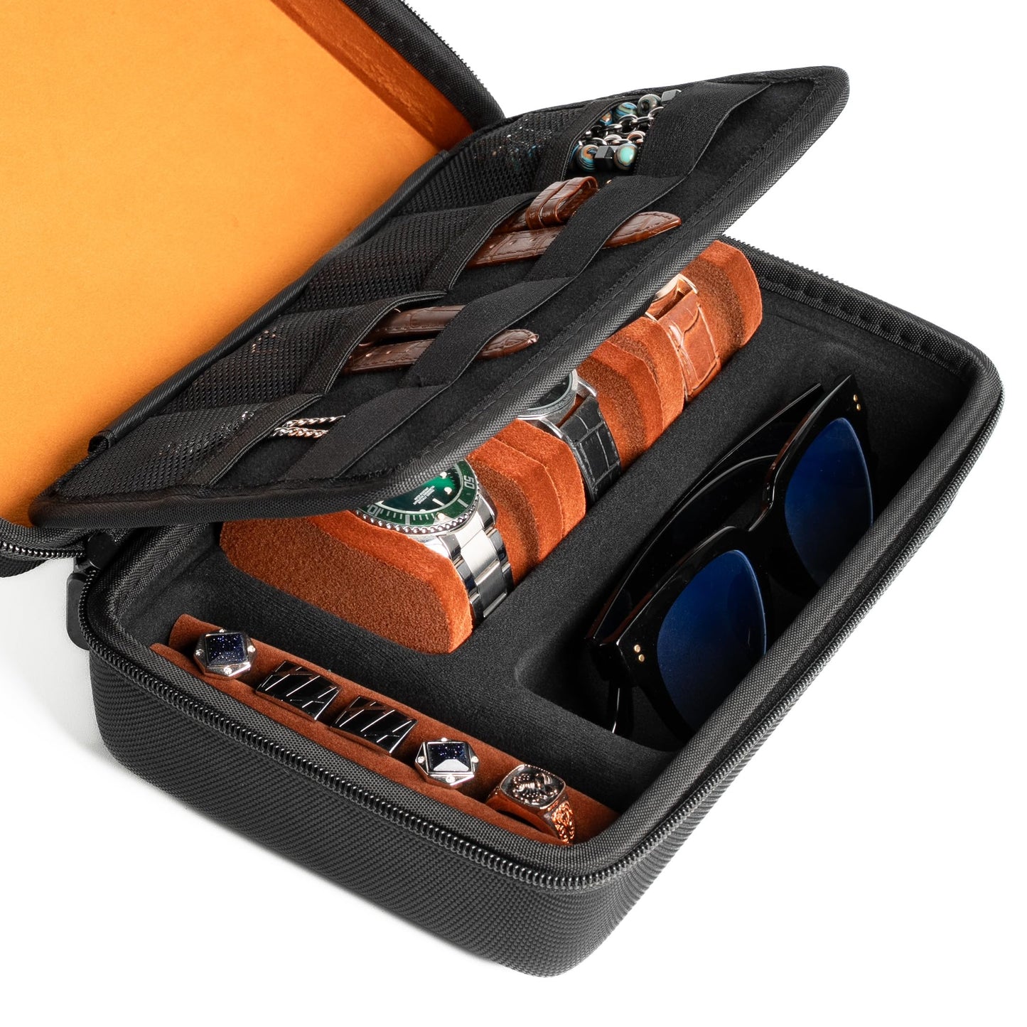 AUKURA 3 slot watch case for travel, 2 layer watch jewelry case organizer with watch band inserts, compartments for glasses,rings