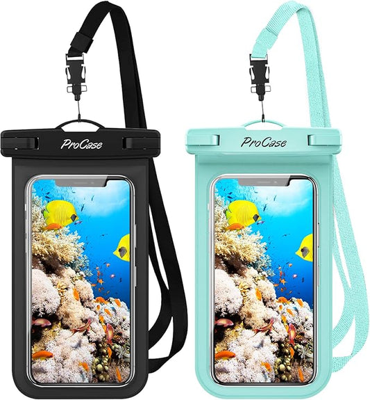 ProCase 2 Pack Waterproof Phone Pouch Case, 7" Universal Underwater Cellphone Dry Bag for iPhone 17 Air 16 15 14 13 Pro Plus Max 12 11, Galaxy S24 S23 S22 Ultra Pixel -Black/Green