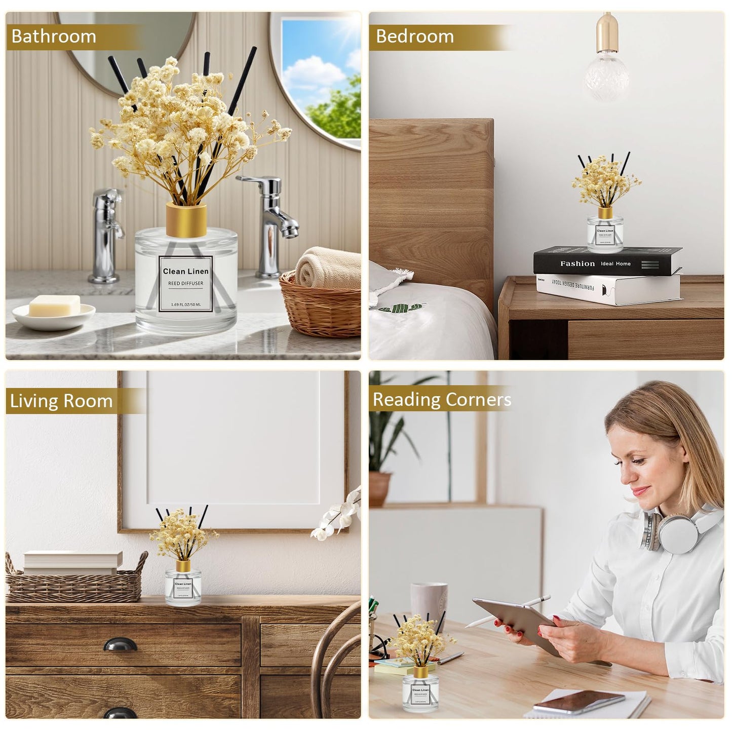 Pierides Reed Diffuser Set of 3 Pack,Clean Linen,Eucalyptus & Mint,Ocean Scented Oil Diffuser with 4 Sticks,Reed Diffusers for Home,Living Room,Bathroom Air Freshener Diffuser,50ml x 3