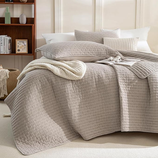Sanracie Cotton Quilt Set King Size(110"x98"), Linen Colored Ultra Soft Stonewashed Crinkle Quilt Bedspread Set 3Pcs Cross Stitch Pattern Lightweight Breathable Bed Coverlet Set for All Season