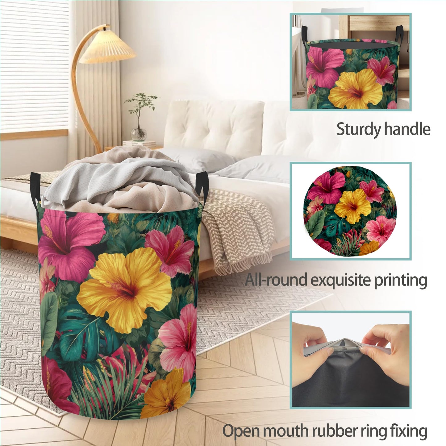 Laundry Hamper Foldable Oxford Cloth Tropical Flower Laundry Basket With Handle Portable Clothes Storage Organizer Basket Storage Bag For Laundry Room/Bedroom/Bathroom