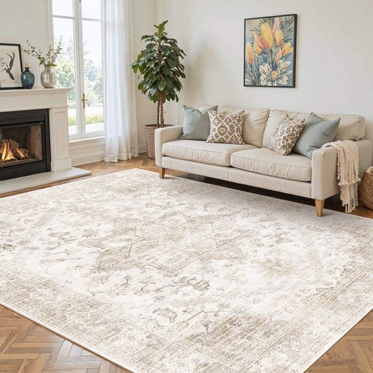 Rugxara Area Rugs 5x7, Washable Rugs for Living Room, Vintage Boho Beige Rug for Office, Dining Room, Kids Room and Farmhouse, Durable Low Pile Non-Slip Area Rug for High Traffic Areas